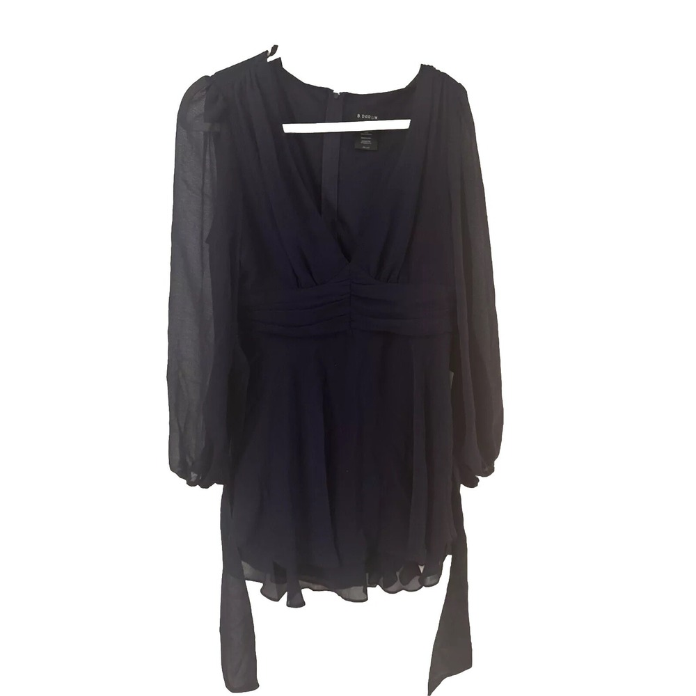 B DARLIN Womens Navy Blue Ruffled Long Sleeve V Neck Mini Fit Flare Dress 13/14